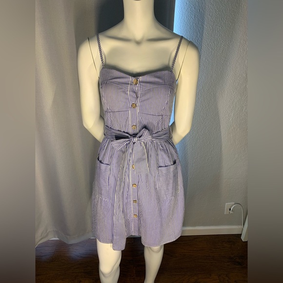 Blue and white stripped spaghetti strap button up dress with belt - Picture 1 of 2